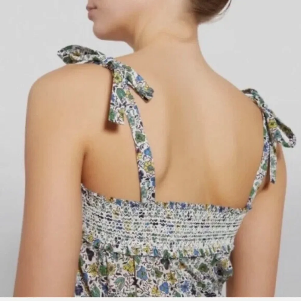 New Tory Burch Smocked Blue Floral Tie Shoulder Maxi Resort Beach Sun Dress M